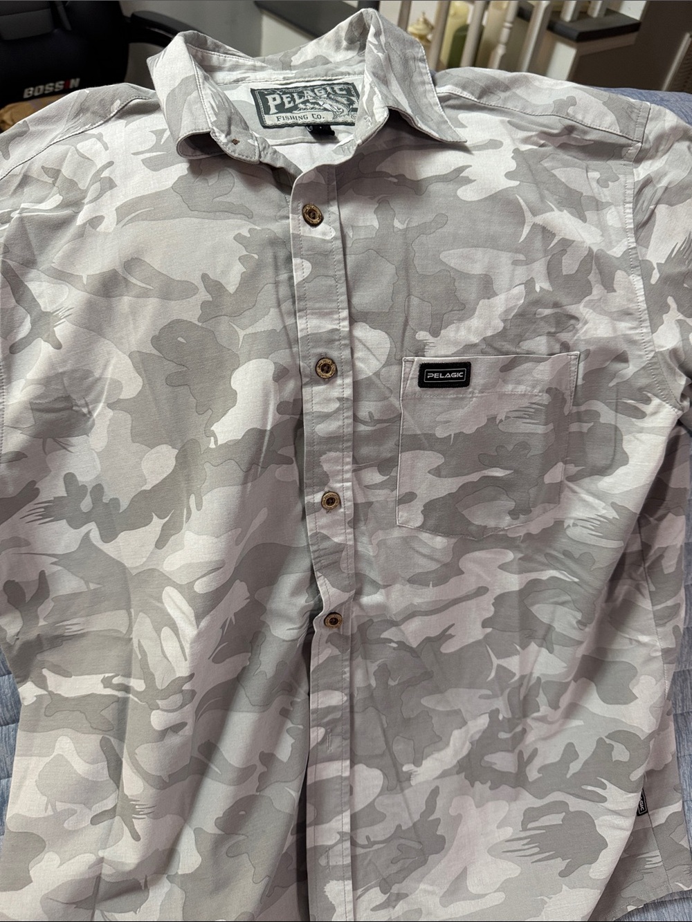 Pelagic Men’s Light Gray Camo Button-Down Shirt